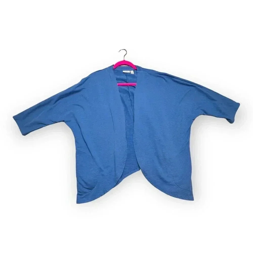 Logo Lori Goldstein‎ Womens Blue Washed Terry Dolman Sleeve Shrug Sz L Pockets